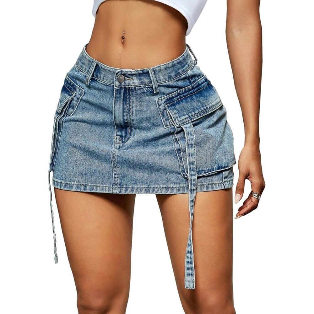 Women Denim Cargo Skirt Mini Low Waist Pockets Casual Y2K Style - Picture 1 of 5